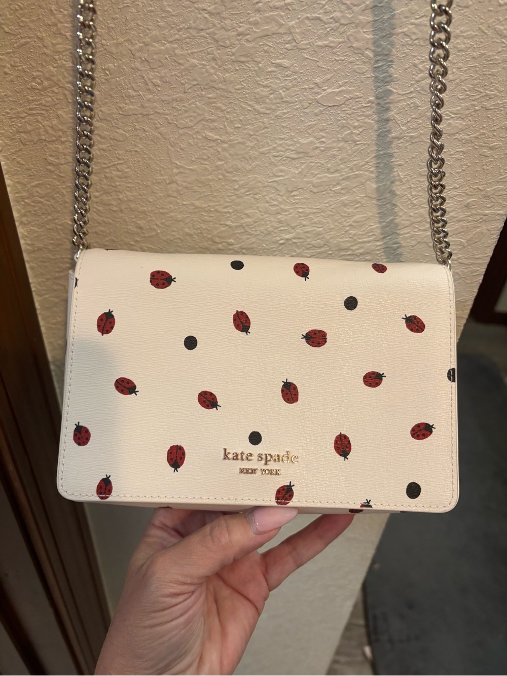kate spade cream crossbody with red ladybug print and silver chain